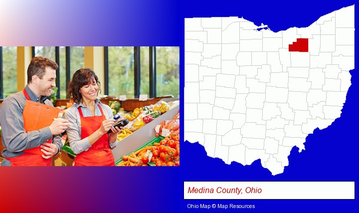 two grocers working in a grocery store; Medina County, Ohio highlighted in red on a map