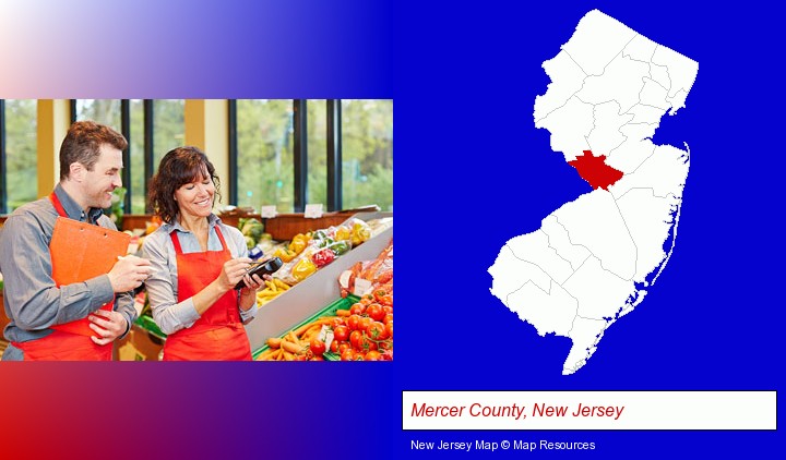 two grocers working in a grocery store; Mercer County, New Jersey highlighted in red on a map