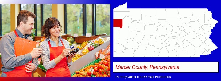 two grocers working in a grocery store; Mercer County, Pennsylvania highlighted in red on a map