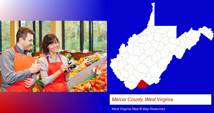 two grocers working in a grocery store; Mercer County, West Virginia highlighted in red on a map