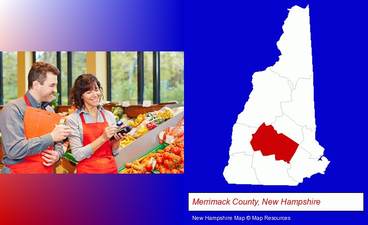 two grocers working in a grocery store; Merrimack County, New Hampshire highlighted in red on a map