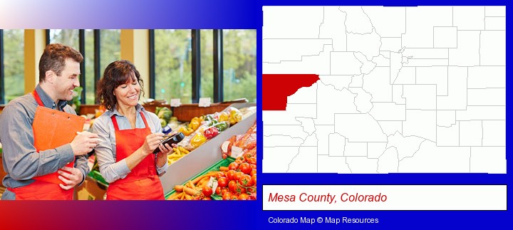 two grocers working in a grocery store; Mesa County, Colorado highlighted in red on a map