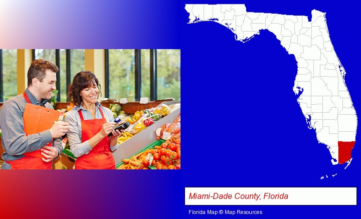 two grocers working in a grocery store; Miami-Dade County, Florida highlighted in red on a map