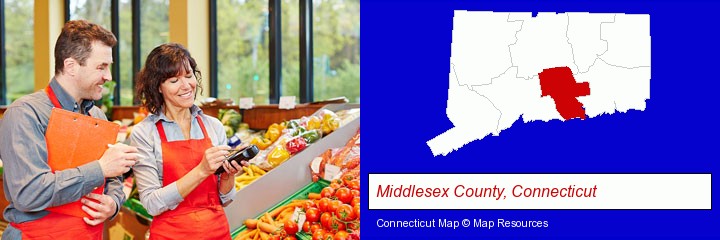 two grocers working in a grocery store; Middlesex County, Connecticut highlighted in red on a map