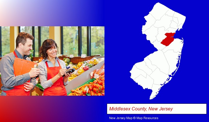 two grocers working in a grocery store; Middlesex County, New Jersey highlighted in red on a map