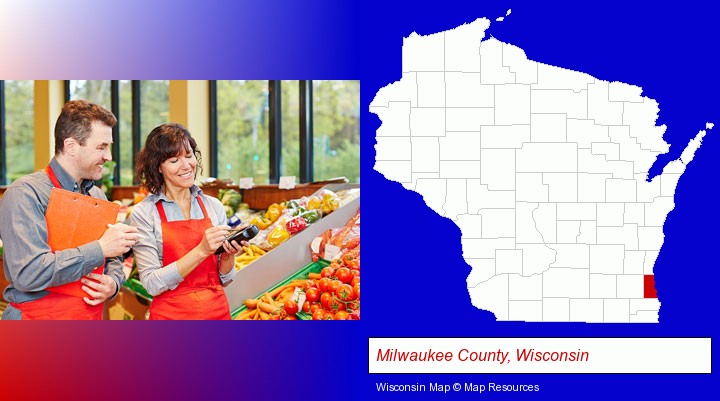 two grocers working in a grocery store; Milwaukee County, Wisconsin highlighted in red on a map