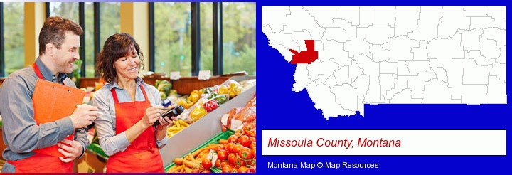 two grocers working in a grocery store; Missoula County, Montana highlighted in red on a map