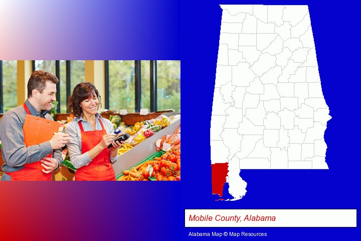 two grocers working in a grocery store; Mobile County, Alabama highlighted in red on a map