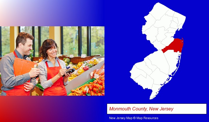 two grocers working in a grocery store; Monmouth County, New Jersey highlighted in red on a map