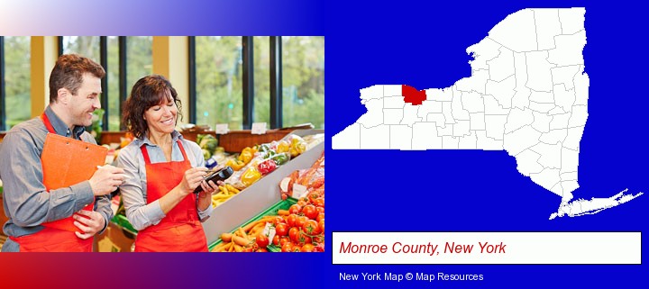 two grocers working in a grocery store; Monroe County, New York highlighted in red on a map