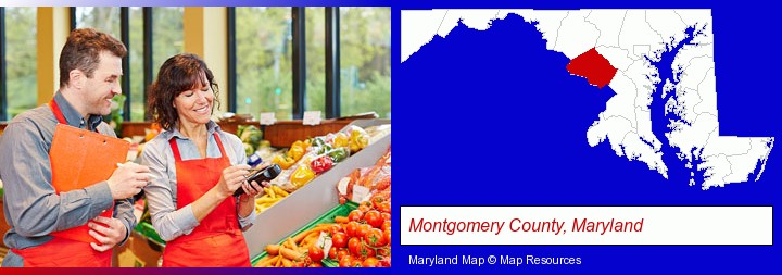 two grocers working in a grocery store; Montgomery County, Maryland highlighted in red on a map