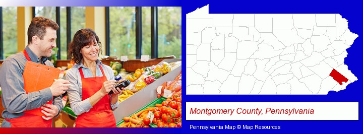 two grocers working in a grocery store; Montgomery County, Pennsylvania highlighted in red on a map