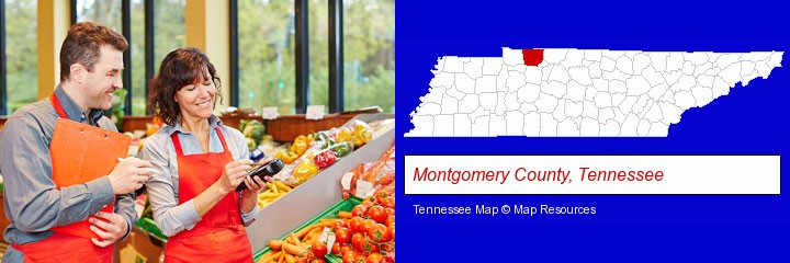 two grocers working in a grocery store; Montgomery County, Tennessee highlighted in red on a map