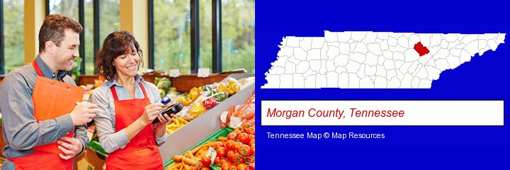 two grocers working in a grocery store; Morgan County, Tennessee highlighted in red on a map