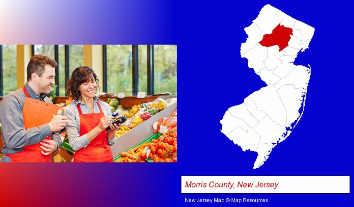 two grocers working in a grocery store; Morris County, New Jersey highlighted in red on a map