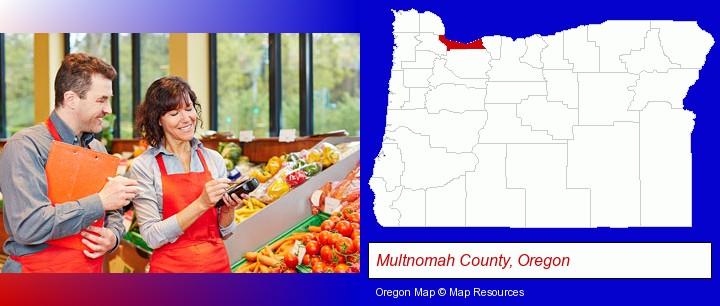two grocers working in a grocery store; Multnomah County, Oregon highlighted in red on a map