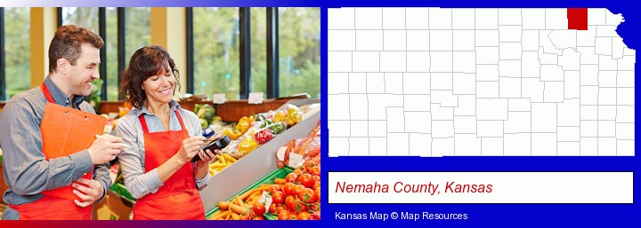 two grocers working in a grocery store; Nemaha County, Kansas highlighted in red on a map