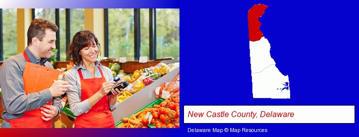 two grocers working in a grocery store; New Castle County, Delaware highlighted in red on a map