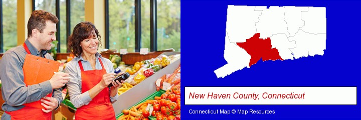 two grocers working in a grocery store; New Haven County, Connecticut highlighted in red on a map