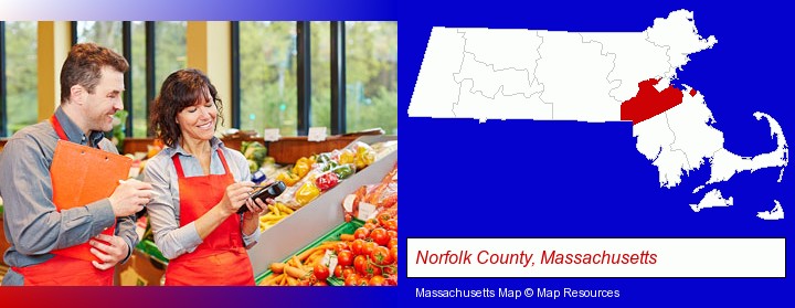 two grocers working in a grocery store; Norfolk County, Massachusetts highlighted in red on a map