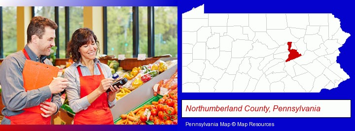 two grocers working in a grocery store; Northumberland County, Pennsylvania highlighted in red on a map