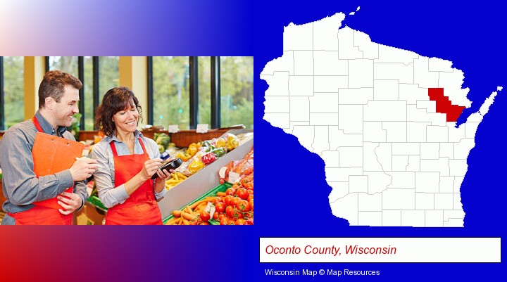 two grocers working in a grocery store; Oconto County, Wisconsin highlighted in red on a map