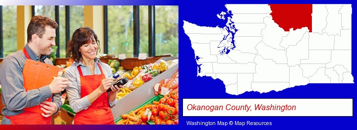 two grocers working in a grocery store; Okanogan County, Washington highlighted in red on a map