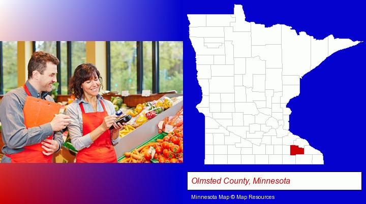 two grocers working in a grocery store; Olmsted County, Minnesota highlighted in red on a map