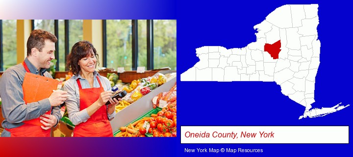 two grocers working in a grocery store; Oneida County, New York highlighted in red on a map