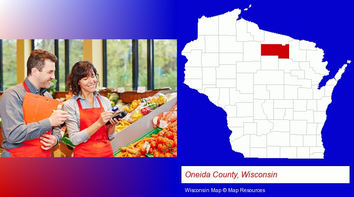 two grocers working in a grocery store; Oneida County, Wisconsin highlighted in red on a map