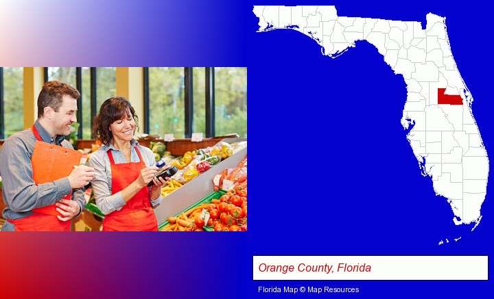 two grocers working in a grocery store; Orange County, Florida highlighted in red on a map