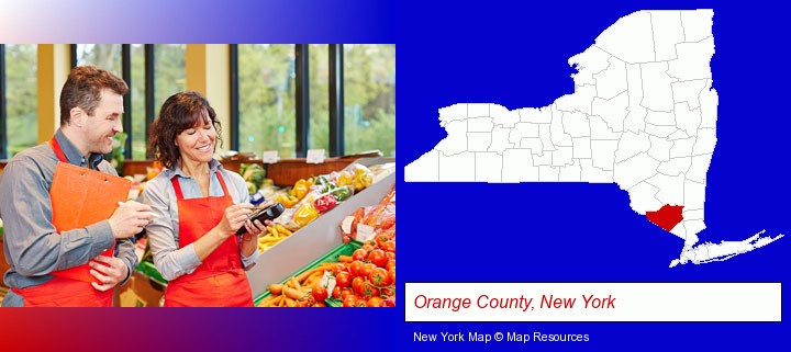 two grocers working in a grocery store; Orange County, New York highlighted in red on a map
