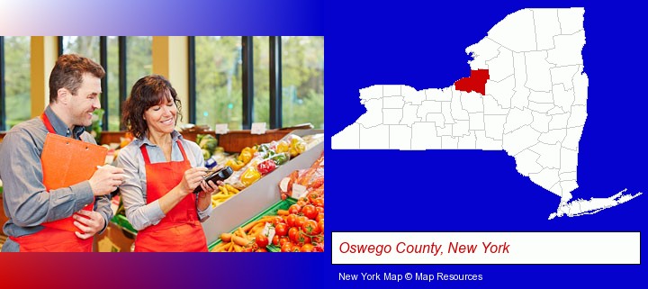 two grocers working in a grocery store; Oswego County, New York highlighted in red on a map