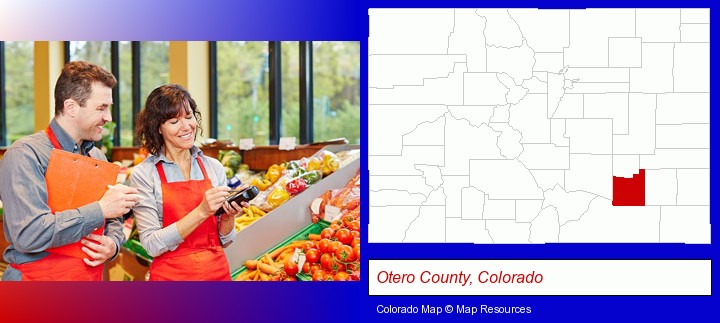 two grocers working in a grocery store; Otero County, Colorado highlighted in red on a map