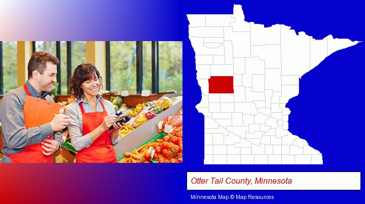 two grocers working in a grocery store; Otter Tail County, Minnesota highlighted in red on a map