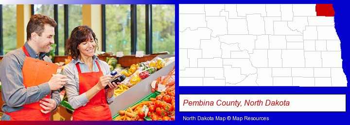 two grocers working in a grocery store; Pembina County, North Dakota highlighted in red on a map