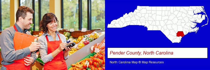 two grocers working in a grocery store; Pender County, North Carolina highlighted in red on a map