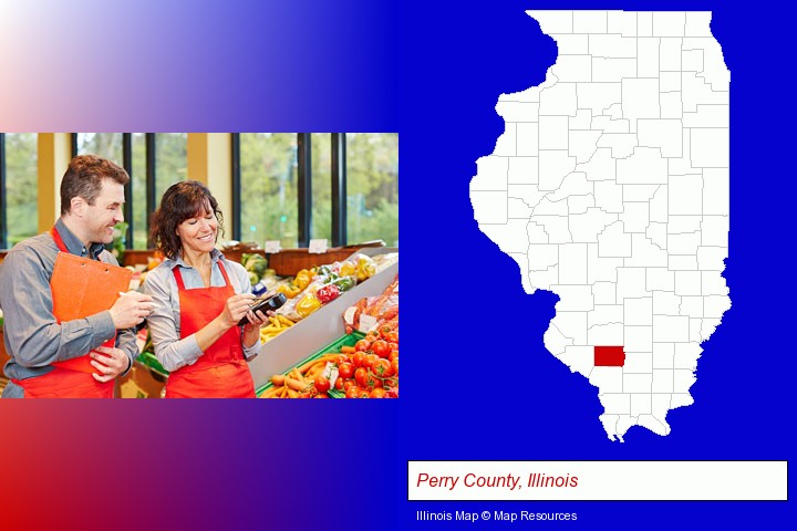 two grocers working in a grocery store; Perry County, Illinois highlighted in red on a map