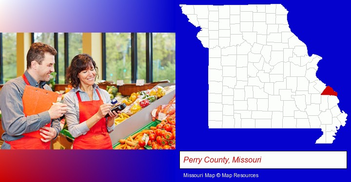two grocers working in a grocery store; Perry County, Missouri highlighted in red on a map