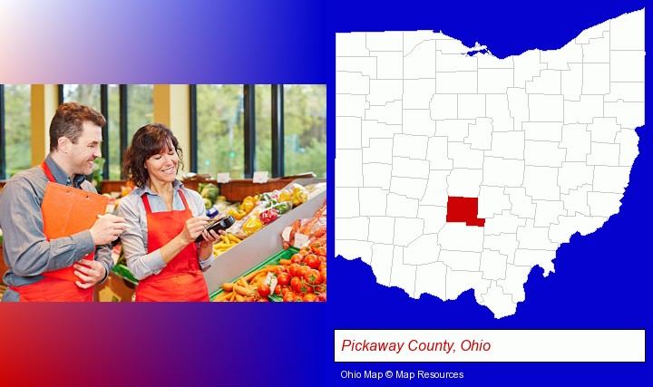 two grocers working in a grocery store; Pickaway County, Ohio highlighted in red on a map