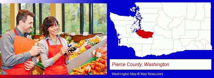 two grocers working in a grocery store; Pierce County, Washington highlighted in red on a map