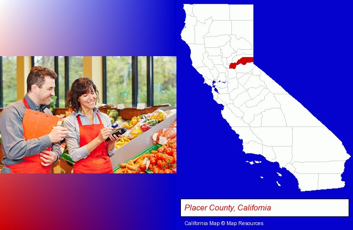 two grocers working in a grocery store; Placer County, California highlighted in red on a map