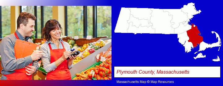 two grocers working in a grocery store; Plymouth County, Massachusetts highlighted in red on a map
