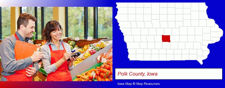 two grocers working in a grocery store; Polk County, Iowa highlighted in red on a map