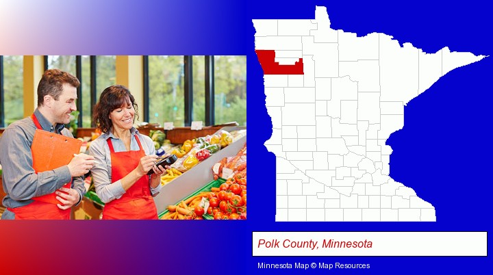 two grocers working in a grocery store; Polk County, Minnesota highlighted in red on a map