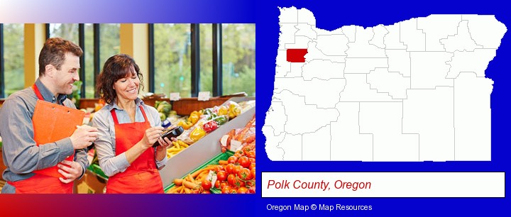 two grocers working in a grocery store; Polk County, Oregon highlighted in red on a map