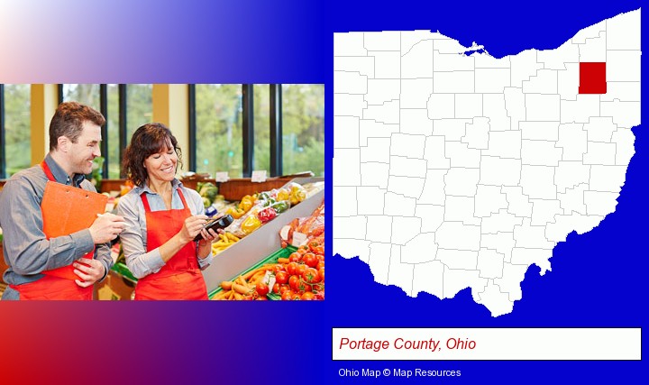two grocers working in a grocery store; Portage County, Ohio highlighted in red on a map