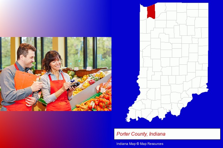 two grocers working in a grocery store; Porter County, Indiana highlighted in red on a map