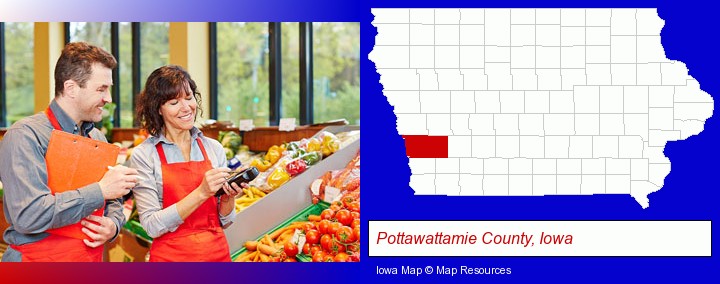 two grocers working in a grocery store; Pottawattamie County, Iowa highlighted in red on a map