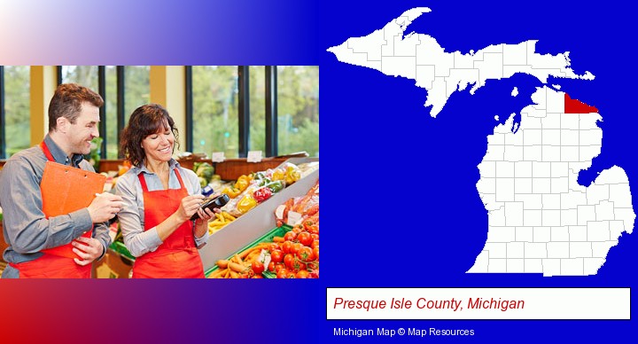 two grocers working in a grocery store; Presque Isle County, Michigan highlighted in red on a map